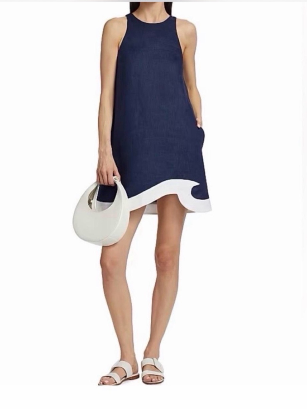 STAUD Navy and White Wave-Hem Sleeveless Swim Coverup